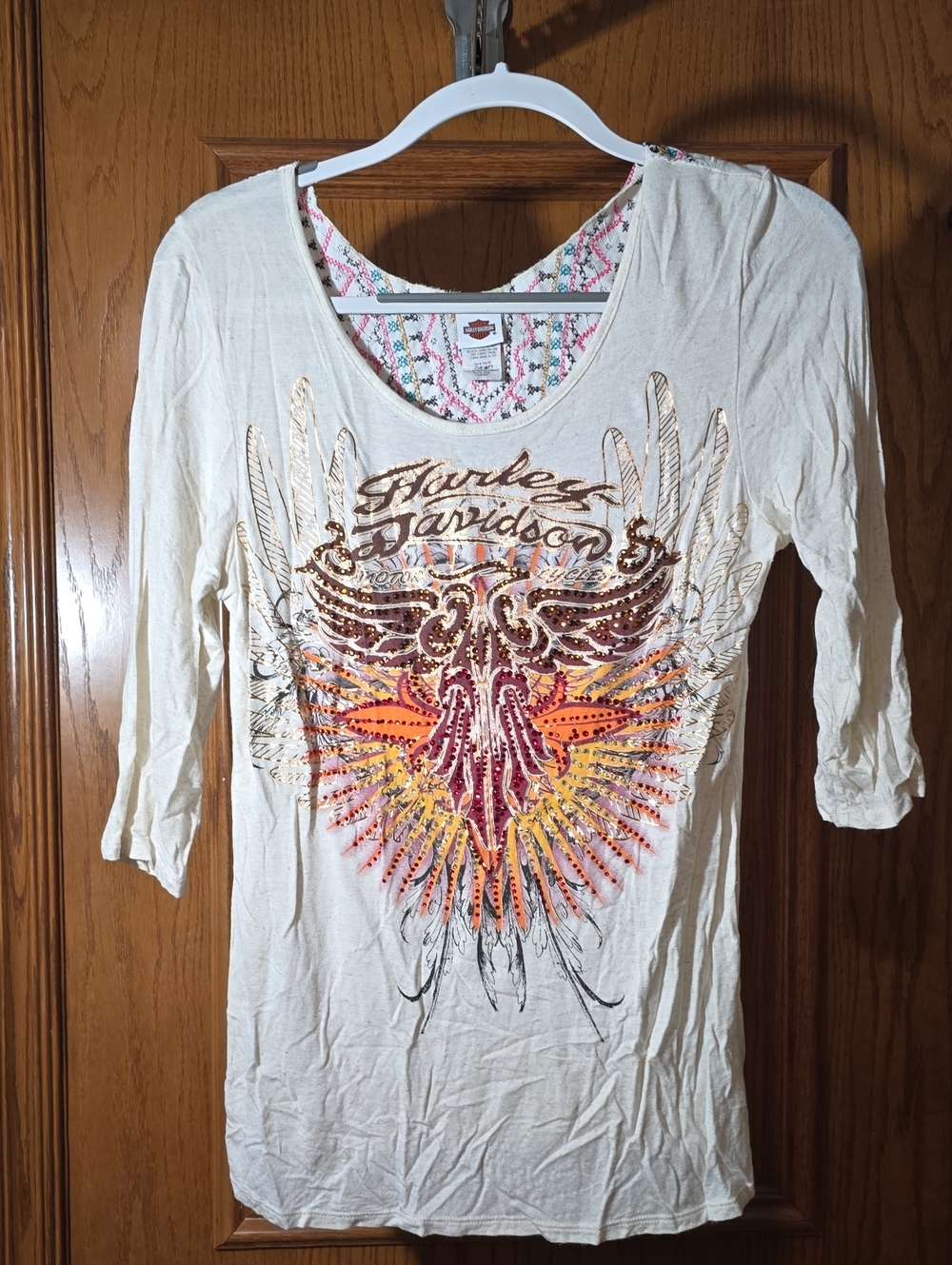 Harley-Davidson Women's Ivory Graphic/rhinestones 3/4 Sleeve Top